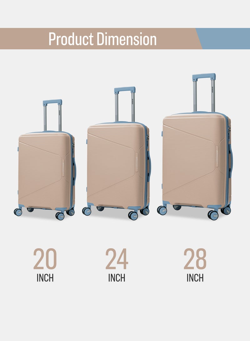 3 Piece Polypropelene Hardside Spinner Luggage Trolley Set 20/24/28 Inch champagne