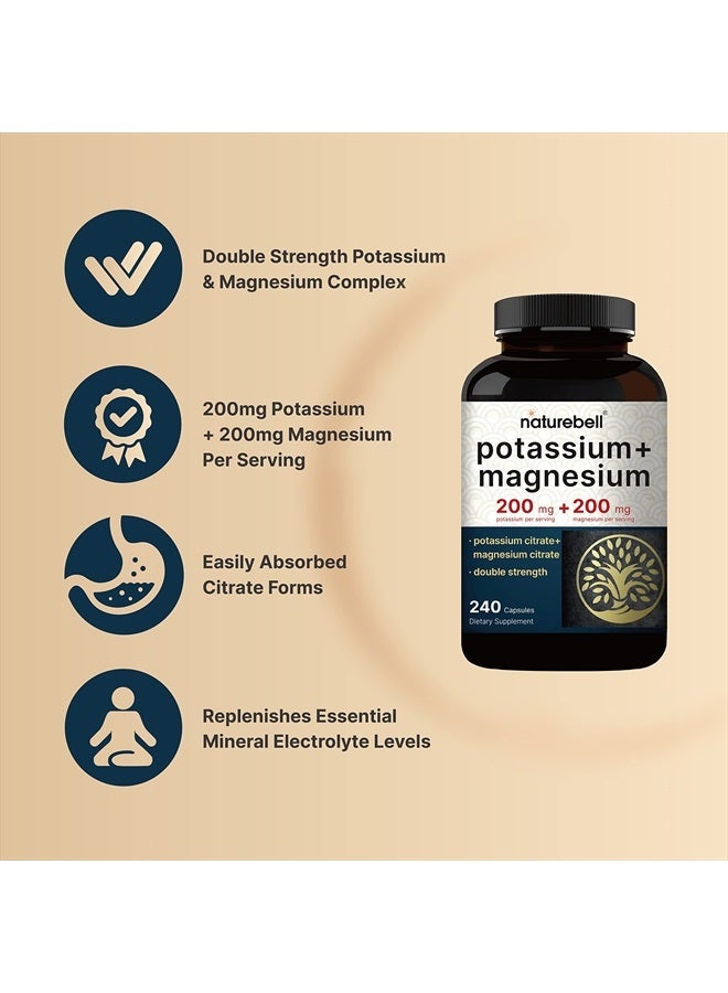 Potassium Magnesium Supplement – Potassium 200*mg + Magnesium 200*mg | 240* Capsules – Easily Absorbed Potassium Citrate & Magnesium Citrate – Muscle, Bone, & Heart Health Support – Non-GMO