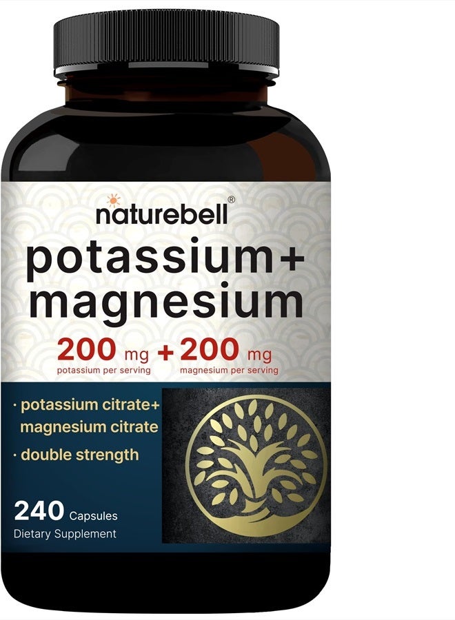 Potassium Magnesium Supplement – Potassium 200*mg + Magnesium 200*mg | 240* Capsules – Easily Absorbed Potassium Citrate & Magnesium Citrate – Muscle, Bone, & Heart Health Support – Non-GMO