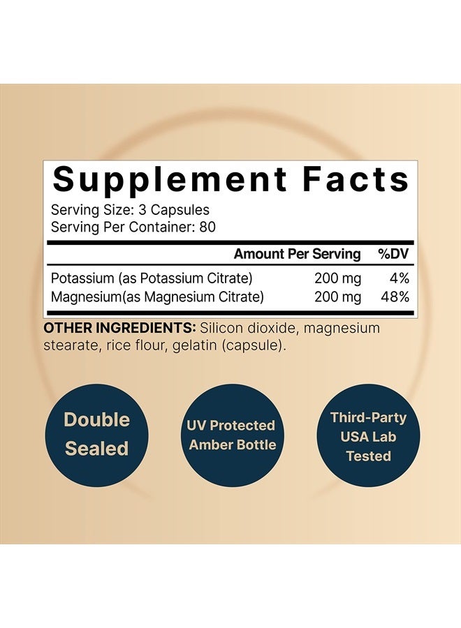 Potassium Magnesium Supplement – Potassium 200*mg + Magnesium 200*mg | 240* Capsules – Easily Absorbed Potassium Citrate & Magnesium Citrate – Muscle, Bone, & Heart Health Support – Non-GMO