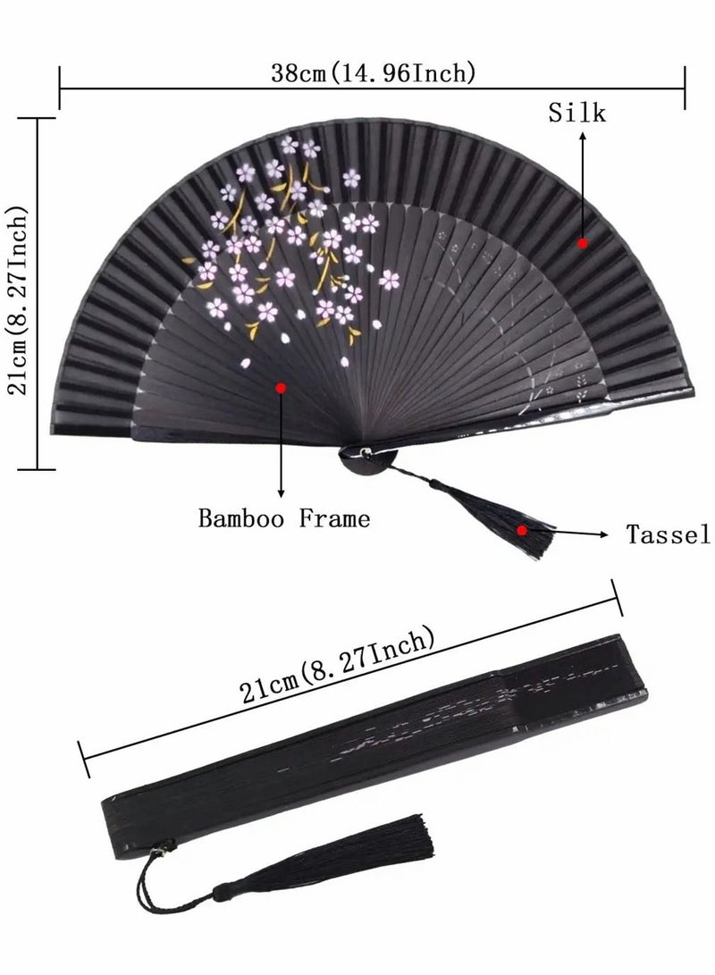 Hand Held Bamboo Silk Folding Fan Hand Fan, Chinese Japanese Charming Elegant Vintage Retro Style for Dancing Cosplay Wedding Party Props Decoration and Women Ladys Girls Best Gifts (Black, 8.27 Inch)