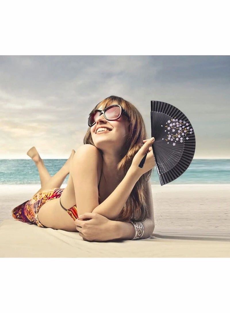 Hand Held Bamboo Silk Folding Fan Hand Fan, Chinese Japanese Charming Elegant Vintage Retro Style for Dancing Cosplay Wedding Party Props Decoration and Women Ladys Girls Best Gifts (Black, 8.27 Inch)