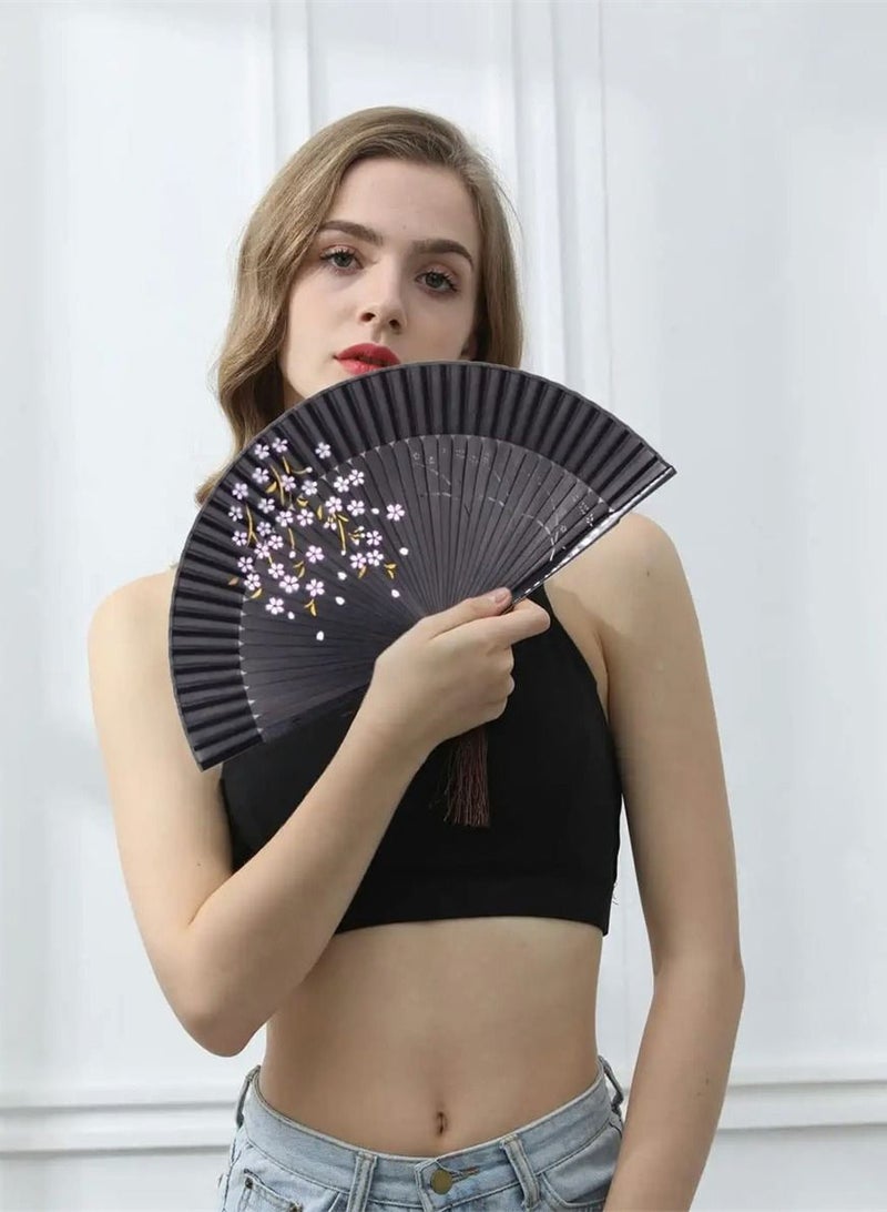 Hand Held Bamboo Silk Folding Fan Hand Fan, Chinese Japanese Charming Elegant Vintage Retro Style for Dancing Cosplay Wedding Party Props Decoration and Women Ladys Girls Best Gifts (Black, 8.27 Inch)