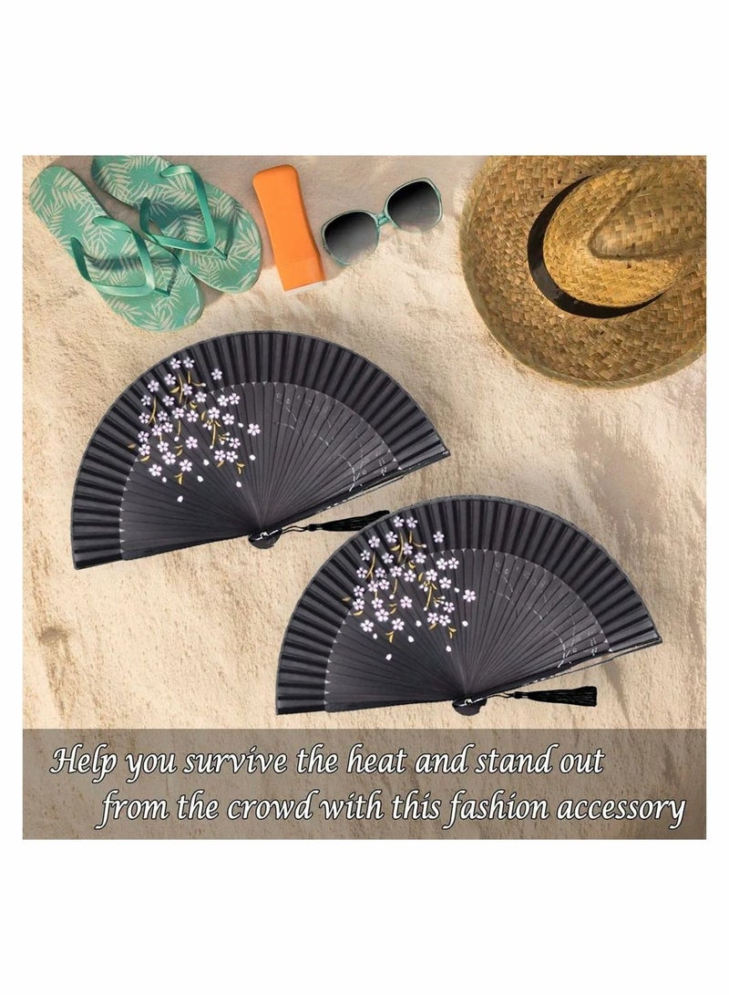 Hand Held Bamboo Silk Folding Fan Hand Fan, Chinese Japanese Charming Elegant Vintage Retro Style for Dancing Cosplay Wedding Party Props Decoration and Women Ladys Girls Best Gifts (Black, 8.27 Inch)