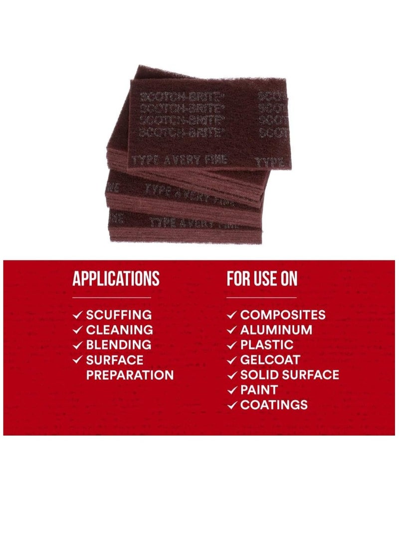 3M Scotch-Brite General Purpose 7447 Hand Pad, Very Fine Grade, 6 in x 9 in, Pack of 20, Aluminum Oxide, Surface Preparation, Scuffing, Blending, Cleaning, Maroon