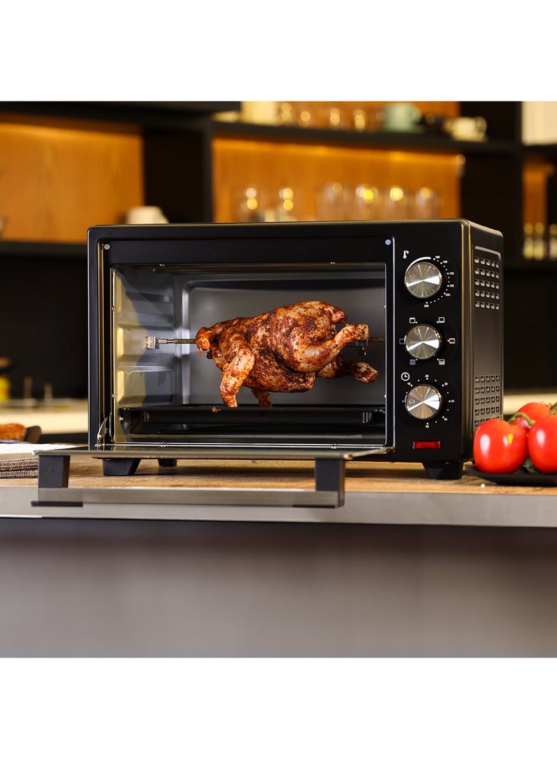 Electric Oven With Rotisserie, 60 Minutes Timer With Bell Ring, 100-250°C Adjustable Temperature, 6 Stages Heating Selector, Power Indicator Light, Accessories:-Food Tray, Tray Handle, Wire Rack, Rotisserie Handle, Rotisserie Fork 25 L 1600 W GO34040 Black