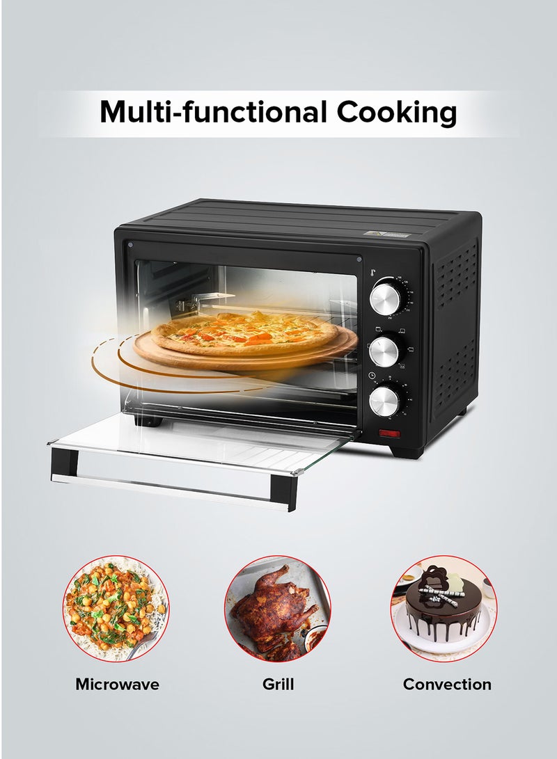 Electric Oven With Rotisserie, 60 Minutes Timer With Bell Ring, 100-250°C Adjustable Temperature, 6 Stages Heating Selector, Power Indicator Light, Accessories:-Food Tray, Tray Handle, Wire Rack, Rotisserie Handle, Rotisserie Fork 25 L 1600 W GO34040 Black