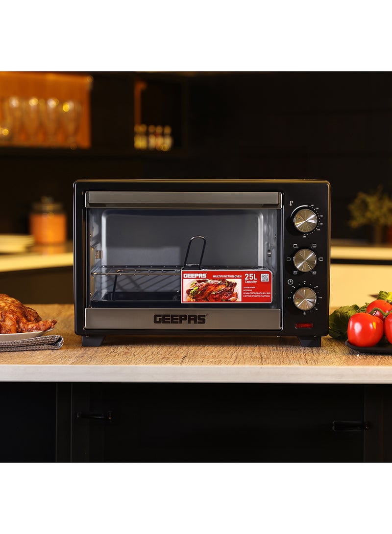 Electric Oven With Rotisserie, 60 Minutes Timer With Bell Ring, 100-250°C Adjustable Temperature, 6 Stages Heating Selector, Power Indicator Light, Accessories:-Food Tray, Tray Handle, Wire Rack, Rotisserie Handle, Rotisserie Fork 25 L 1600 W GO34040 Black