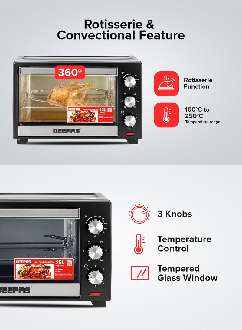 Electric Oven With Rotisserie, 60 Minutes Timer With Bell Ring, 100-250°C Adjustable Temperature, 6 Stages Heating Selector, Power Indicator Light, Accessories:-Food Tray, Tray Handle, Wire Rack, Rotisserie Handle, Rotisserie Fork 25 L 1600 W GO34040 Black