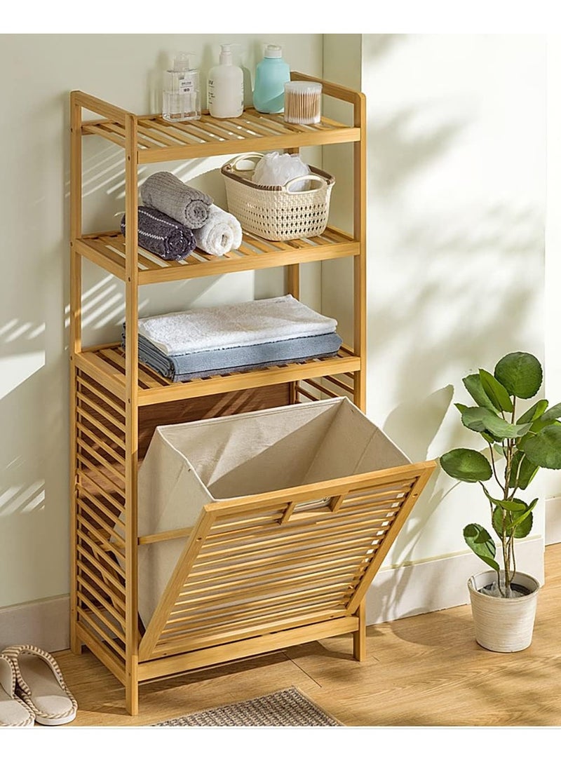 Bamboo Laundry Hamper Basket Storage Dirty Clothes Tilt Out Baskets Section with Handles 3-Tier Shelves Organizer Hampers for Bedroom Bathroom Living Room