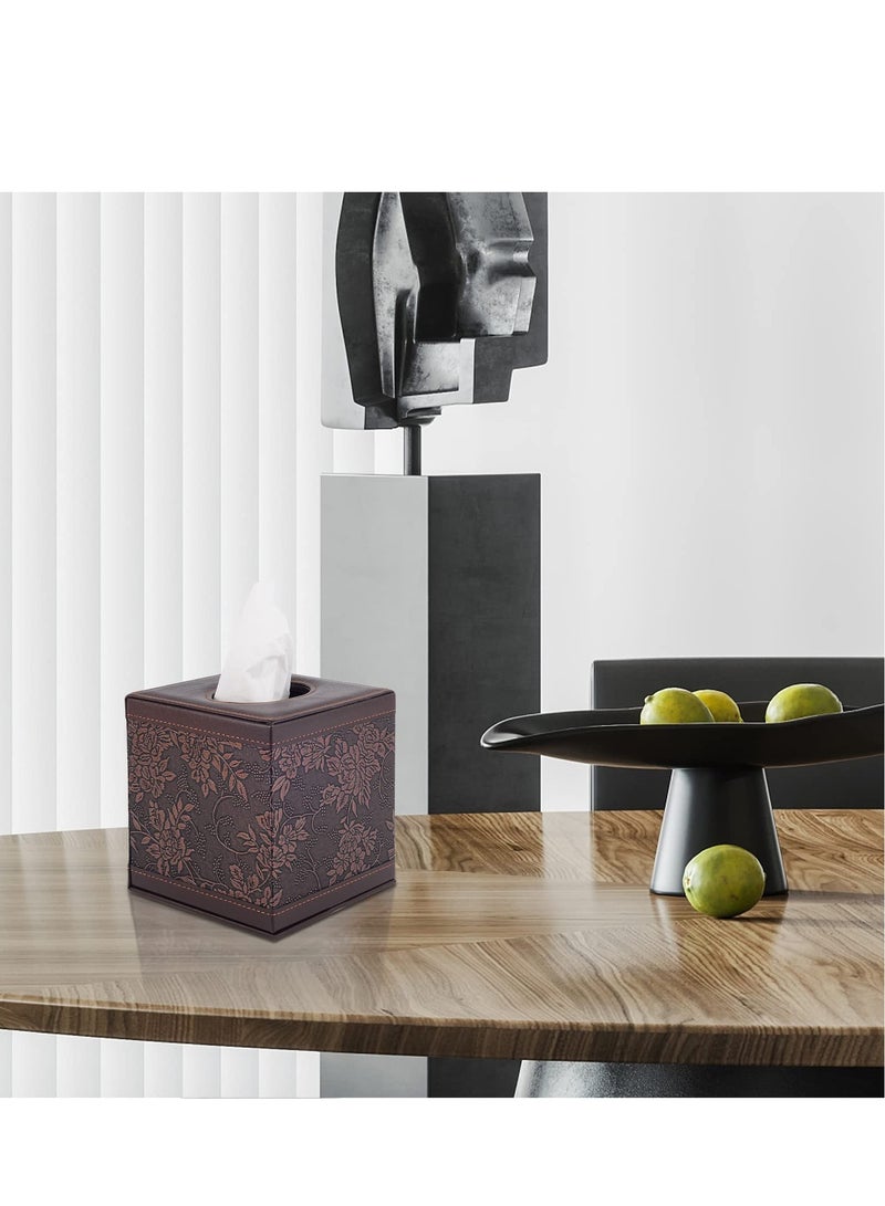 Tissue Box Cover Square, PU Leather Retro Facial Tissue Box Holder for Napkin Facial Paper Organizer, With Magnet Reinforcement for Dresser, Hotel, Restaurant, Office, Car, Living Room Decor