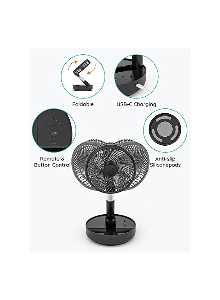 Portable Oscillating Standing Fan,Rechargeable Battery Operated USB Floor Table Desk Fan with Remote, 4 Speed Settings Pedestal Fans for Bedroom Office Camping Fishing Travel Black 7.7
