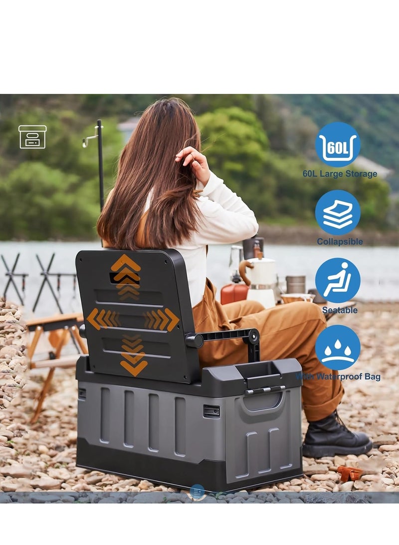 Outdoor Large Trunk Storage Box with Lid for Outdoor 60L, Seatable Camping Organizer with Waterproof Bag, Multifunctional Collapsible Camping Storage Box for Outdoor Picnic, Car, Clothes