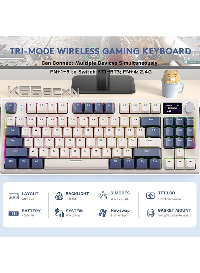 K86 RGB 75% Wireless Mechanical Keyboard,Triple Mode Bluetooth5.0/2.4G/USB-C 87 Keys Hot Swappable Gaming Keyboard,Knob & TFT Screen Display