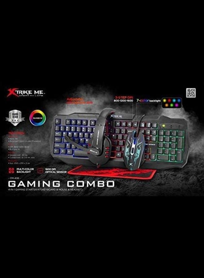 Rainbow Backlit Gaming Keyboard Mouse 4D Headset and Mousepad CM-406 KIT 104 Keys Switch Rating 10 Million USB Cable 1.5m