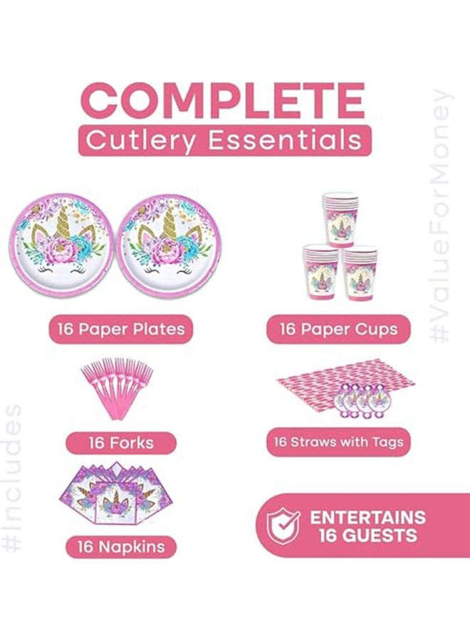 Unicorn Party Supplies Serve 16 Plates Happy Birthday Banner Backdrop Balloons Hats Table Cloth 120 PCs Unicorn Birthday Party Supplies