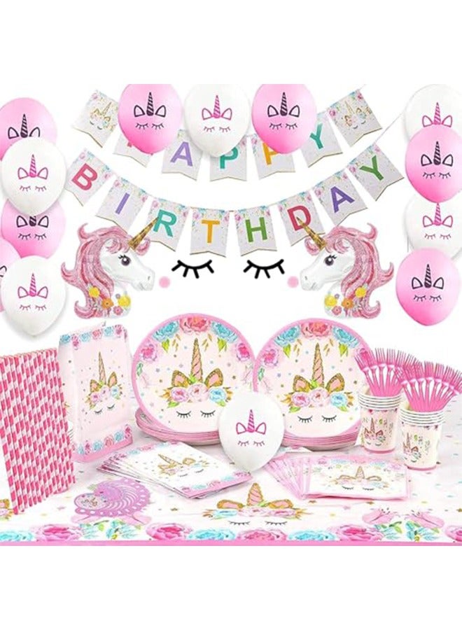 Unicorn Party Supplies Serve 16 Plates Happy Birthday Banner Backdrop Balloons Hats Table Cloth 120 PCs Unicorn Birthday Party Supplies