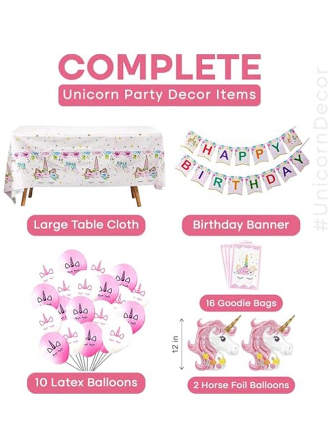 Unicorn Party Supplies Serve 16 Plates Happy Birthday Banner Backdrop Balloons Hats Table Cloth 120 PCs Unicorn Birthday Party Supplies