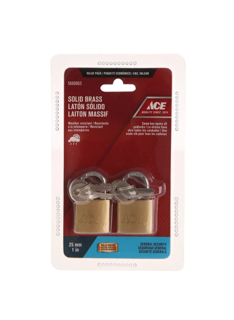 ACE Solid Brass Padlock Pack 25mm 2Pcs