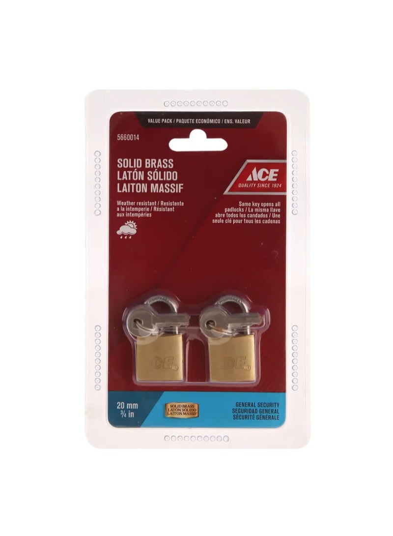 ACE Solid Brass Padlock Pack 20mm 2Pcs