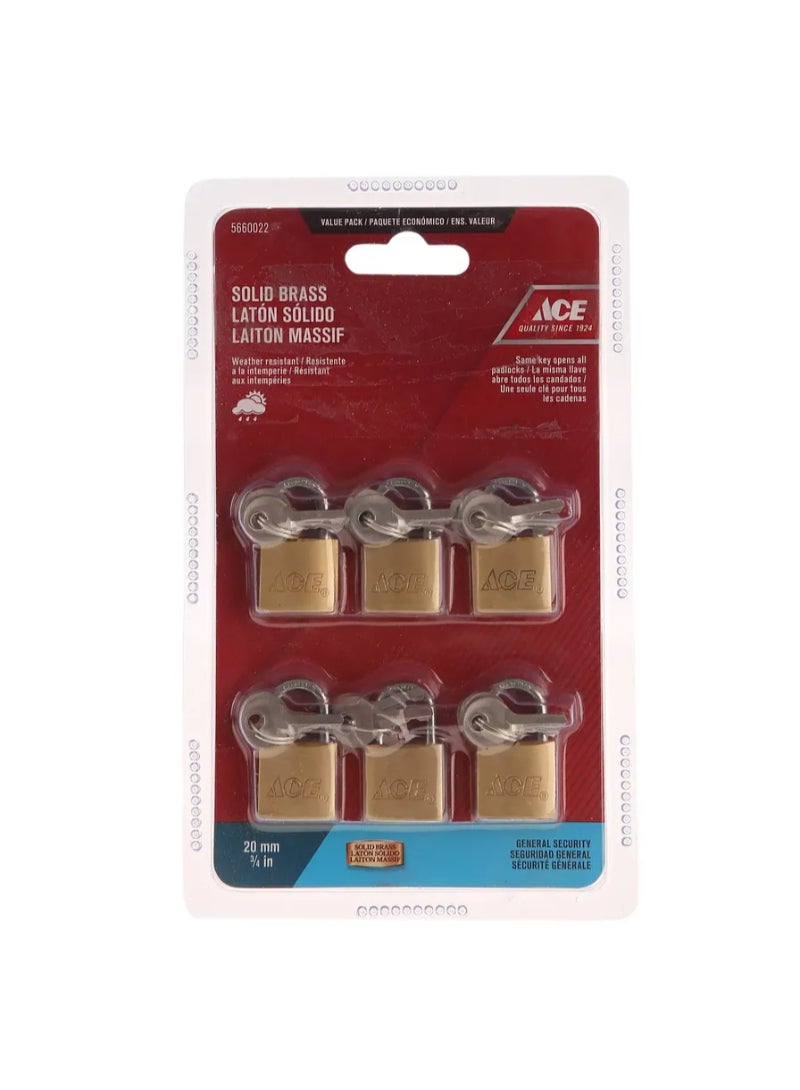 ACE Solid Brass Padlock Pack 20mm 6Pcs