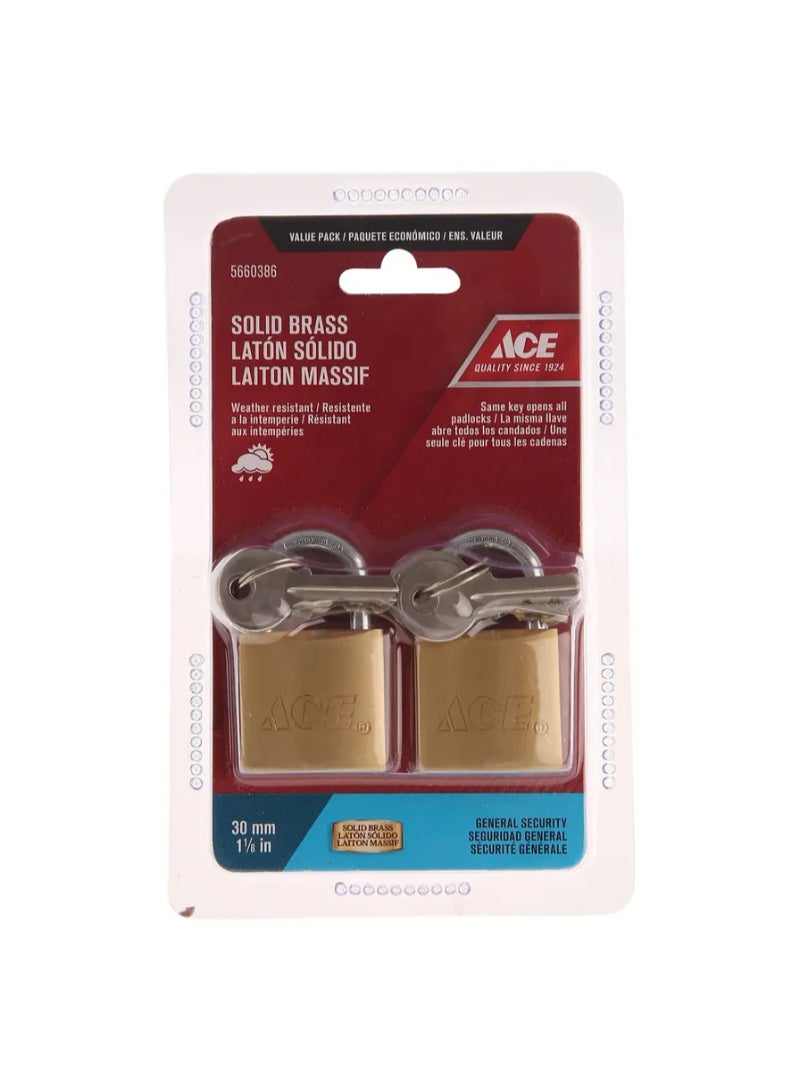 ACE Solid Brass Padlock Pack 30mm 2Pcs