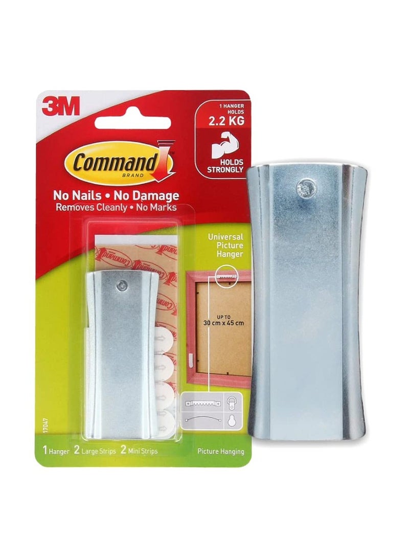 Command Universal Metal Picture Hanger and 2 Strips, Self Adhesive, Damage Free Walls -Silver