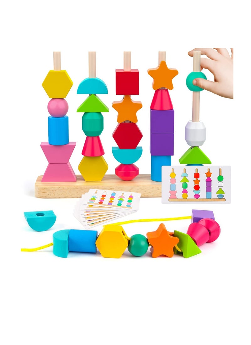 Montessori Toys, Wooden Beads Sequencing Toy, Stacking Blocks, Matching Shape Stacker, Preschool Educational Toys, Boost Child's Observation Skills