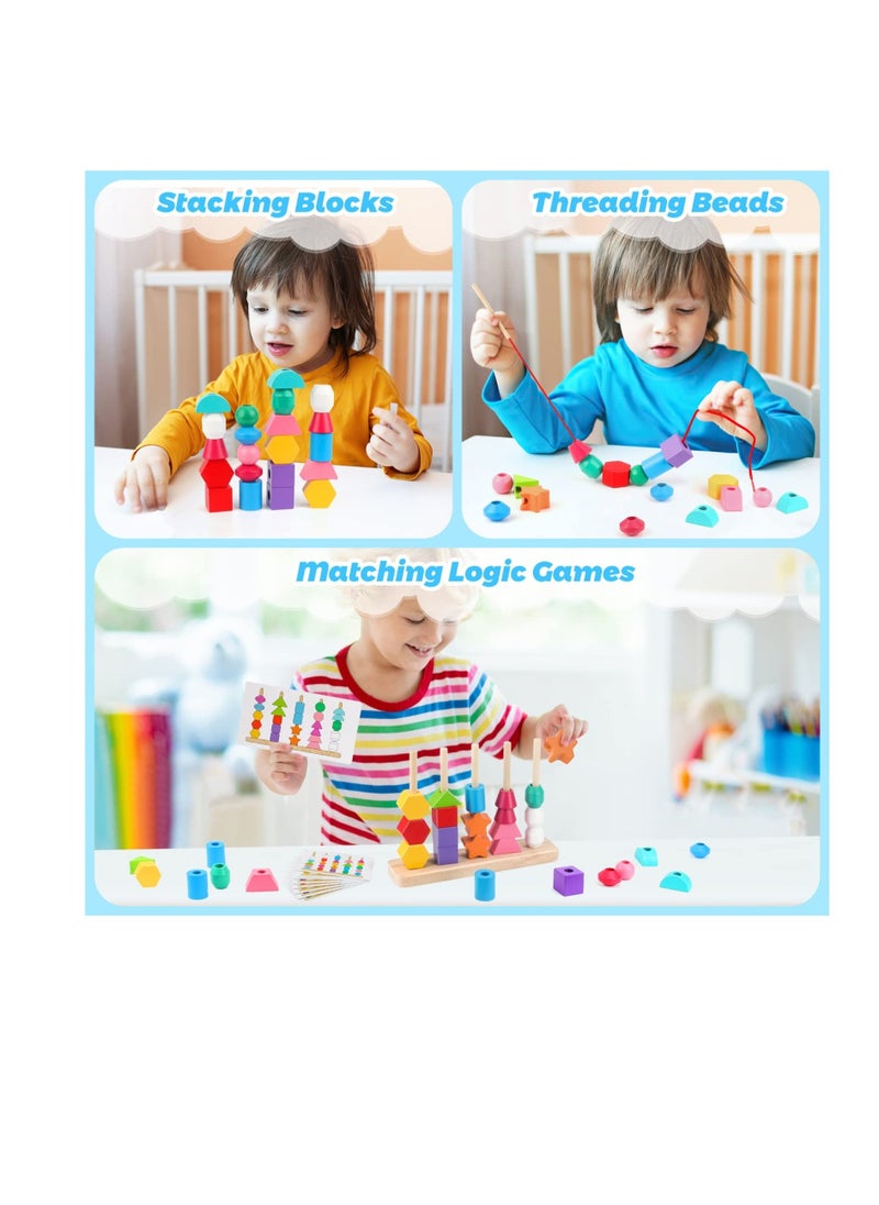 Montessori Toys, Wooden Beads Sequencing Toy, Stacking Blocks, Matching Shape Stacker, Preschool Educational Toys, Boost Child's Observation Skills