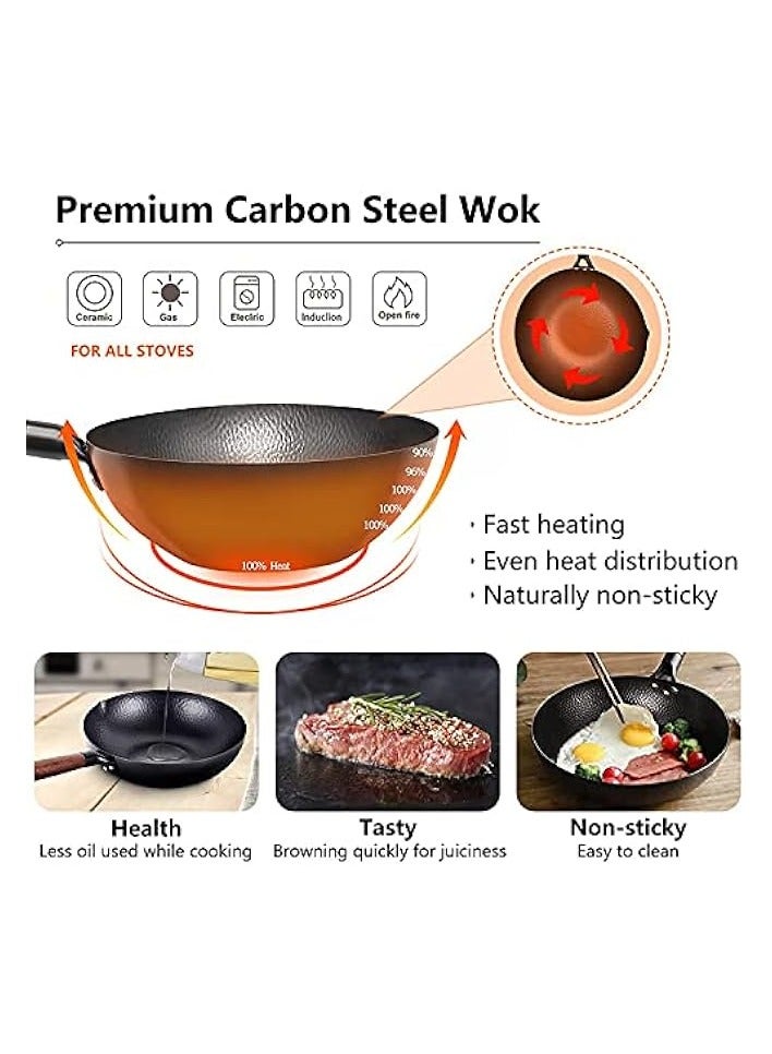 Carbon Steel Wok Pan - 32cm Woks and Stir Fry Pans with Lid, No Chemical Coated Wok Pan for Electric, Induction & Gas Stoves