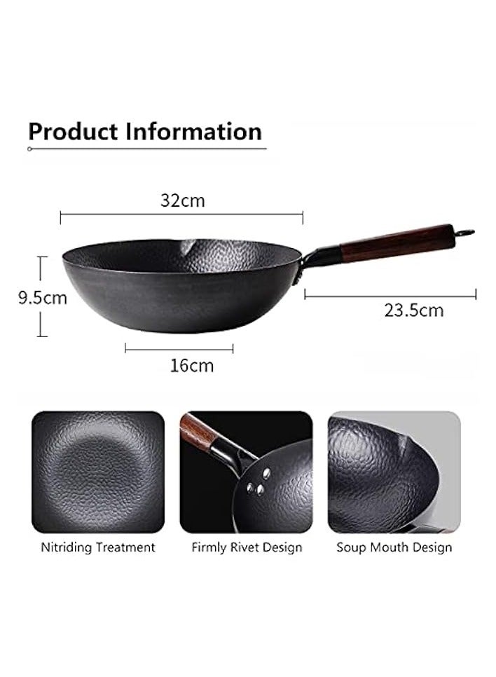 Carbon Steel Wok Pan - 32cm Woks and Stir Fry Pans with Lid, No Chemical Coated Wok Pan for Electric, Induction & Gas Stoves