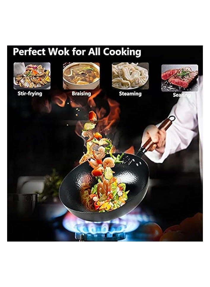 Carbon Steel Wok Pan - 32cm Woks and Stir Fry Pans with Lid, No Chemical Coated Wok Pan for Electric, Induction & Gas Stoves