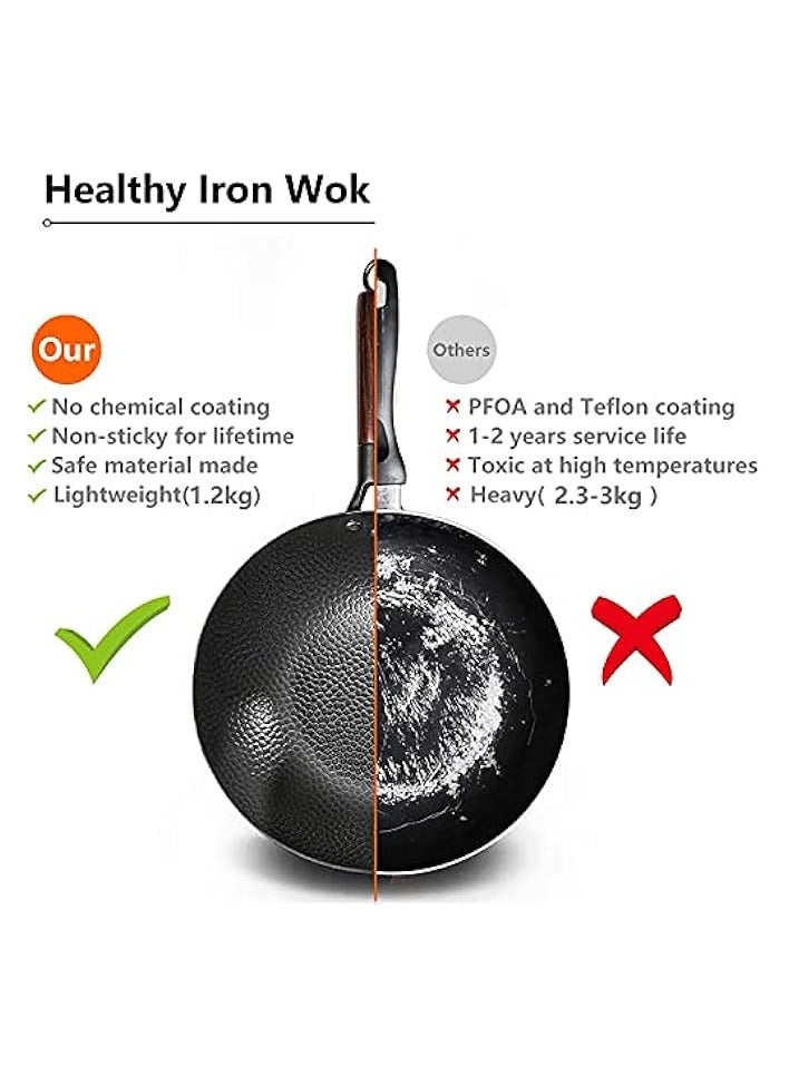 Carbon Steel Wok Pan - 32cm Woks and Stir Fry Pans with Lid, No Chemical Coated Wok Pan for Electric, Induction & Gas Stoves