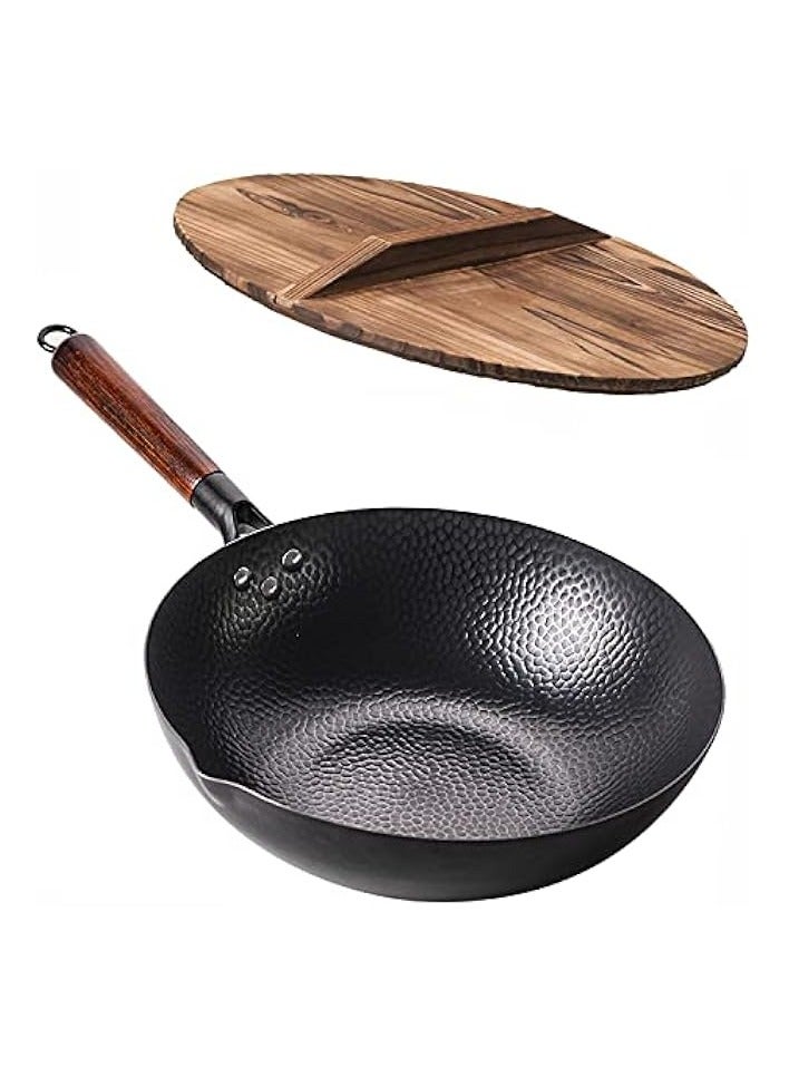 Carbon Steel Wok Pan - 32cm Woks and Stir Fry Pans with Lid, No Chemical Coated Wok Pan for Electric, Induction & Gas Stoves