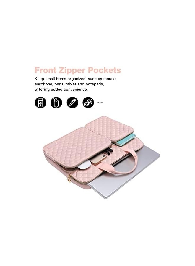 360 Protective Laptop Sleeve Compatible with MacBook Air/Pro,13-13.3 inch Notebook,Compatible with MacBook Pro 14 M3 M2 M1 2024-2021, Square Quilted Bag with 2 Pockets&Handle&Belt, Chalk Pink