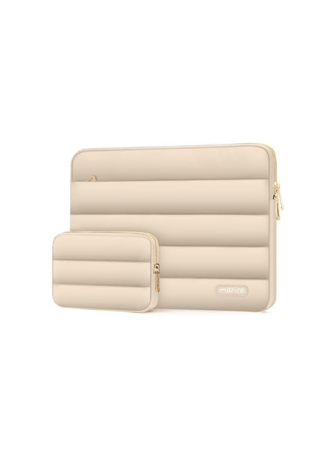 Puffy Laptop Sleeve Compatible with MacBook Air/Pro, 13-13.3 inch Notebook, Compatible with MacBook Pro 14 inch M3 M2 M1 Chip 2024-2021, Polyester Horizontal Bag with Small Case, Apricot