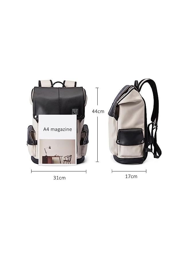 Vintage Leather Backpack for Men, Business Laptop Backpack with USB Charging & Headphone Port, 15.6 inch College School Student Bookbag Waterproof Luggage Backpack for Men Travel Work Commute Casual