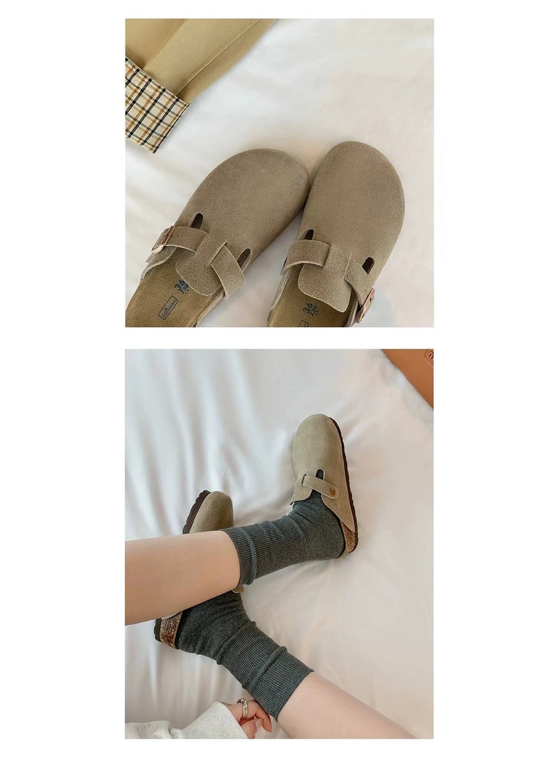 Women's New Fall Round Pack head Leather Buckle Strap Casual Thick Bottom Slippers Half Drags