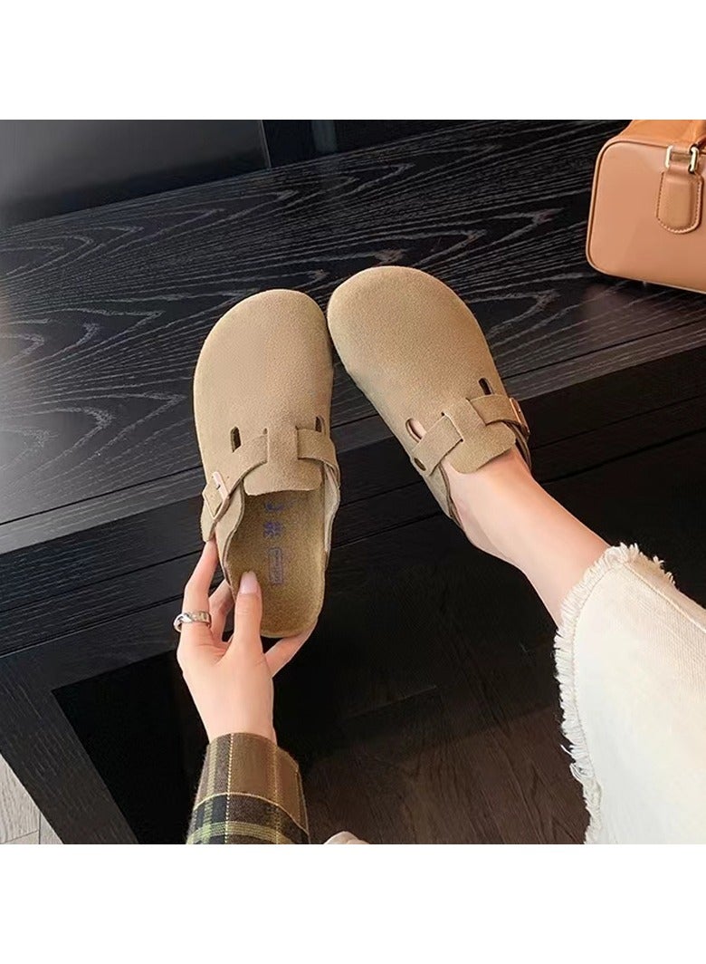 Women's New Fall Round Pack head Leather Buckle Strap Casual Thick Bottom Slippers Half Drags