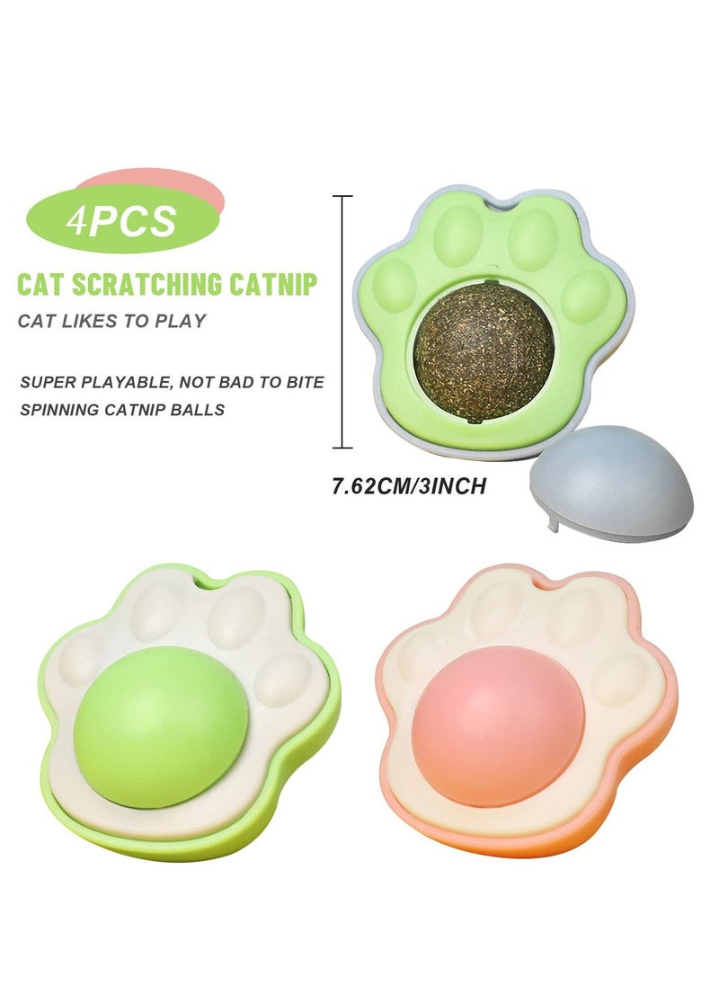 4 Pcs Catnip Ball Toy, Wall Cat Paw Shape Catnip Toy Pure Natural Mint Leaves Rotatable Indoor Snap on Wall Cat Chew Toy Kitten Teeth Cleaning Cat Supplies