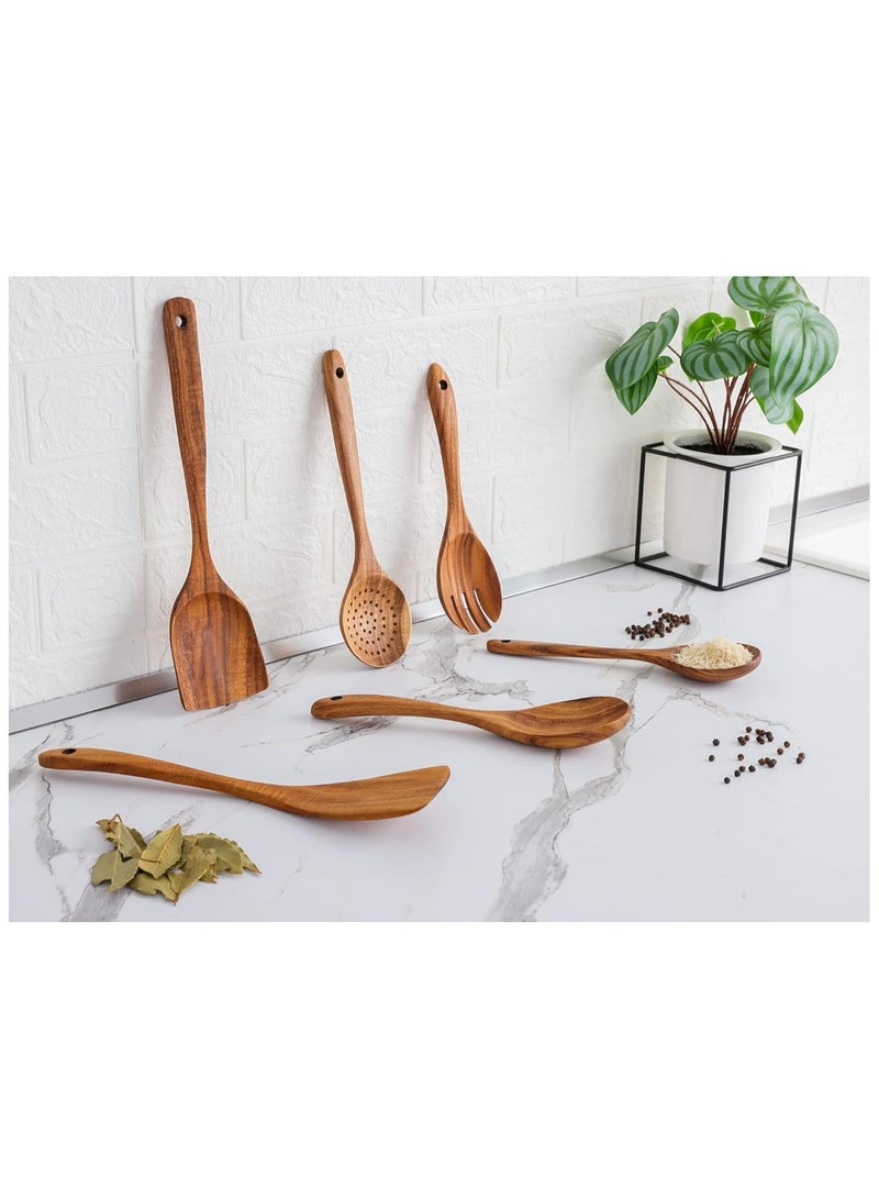 Kitchen 6 Piece Wooden Spoons For Cooking - Smooth Finish Teak Wooden Utensils For Cooking - Soft Comfortable Grip Wood Spoons For Cooking -Non-Stick Wooden Cooking Utensils -Wooden Spoon Sets