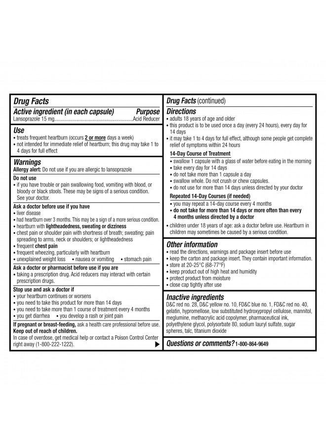 Prevacid 24HR Lansoprazole Delayed-Release Capsules, 15 mg/Acid Reducer, Proton Pump Inhibitor (PPI) for Heartburn Relief, 14 Count