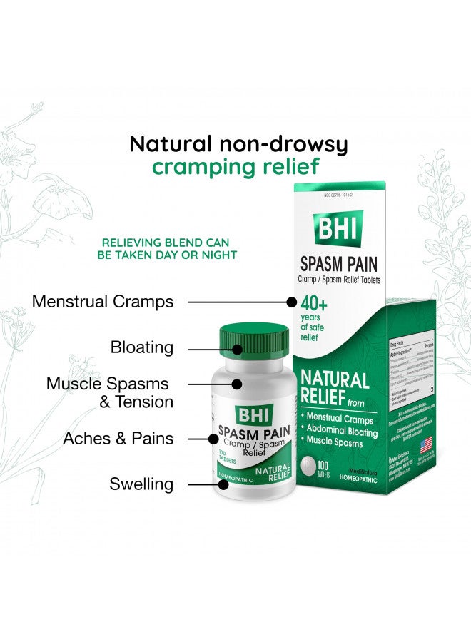 BHI Spasm Natural Relaxer Relief for Menstrual Cramps, Bloating, Aches & Muscle Spasms 5 Active Homeopathic Ingredients Naturally Soothe Whole Body Discomfort for Women - 100 Tablets