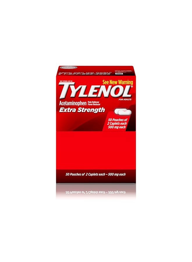 Tylenol Extra Strength Pain Relief Caplets with 500mg Acetaminophen, Pain Reliever & Fever Reducer Medicine for Headache, Backache & Menstrual Pain Relief, 50 pkts of 2 caplets Each, 100 ct