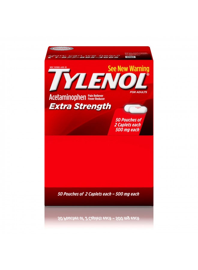 Tylenol Extra Strength Pain Relief Caplets with 500mg Acetaminophen, Pain Reliever & Fever Reducer Medicine for Headache, Backache & Menstrual Pain Relief, 50 pkts of 2 caplets Each, 100 ct