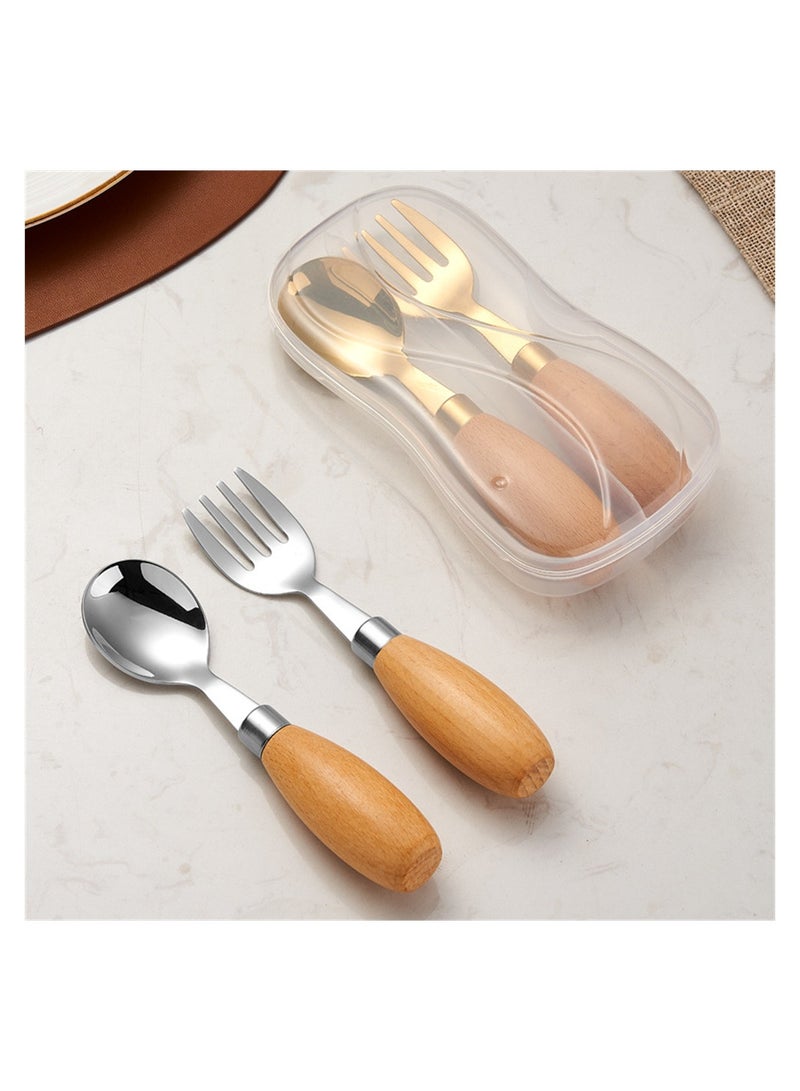 Travel Friendly Kids Utensil Set with Safe Round Handle Wooden and Stainless Steel Forks Spoons for Toddlers 4 Pieces in Golden and Silver