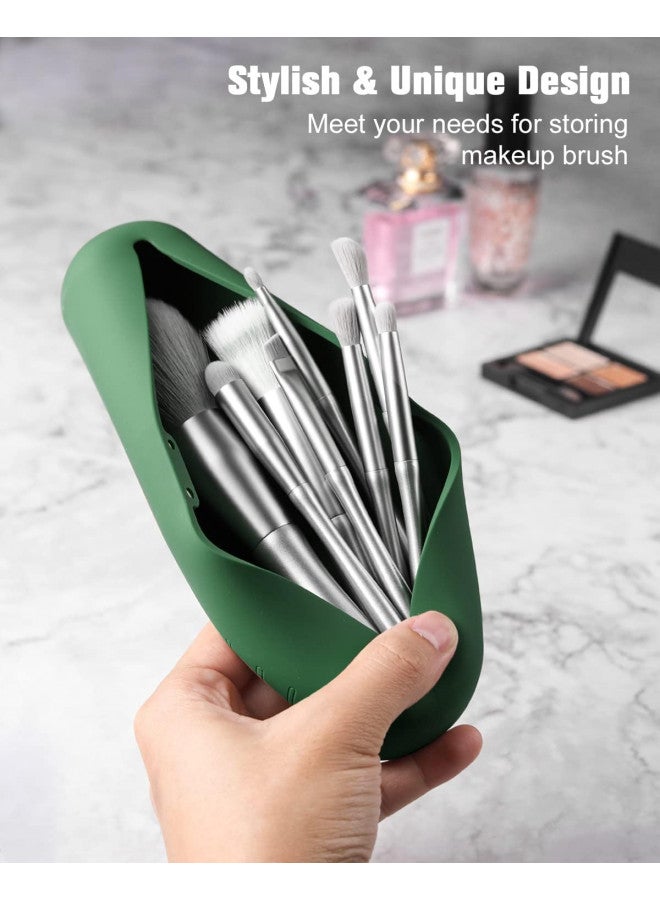 FERYES Makeup Brush Holder, Magnetic Anti-fall Out Silicon Portable Cosmetic Face Brushes Holder, Soft and Sleek Makeup Tools Organizer for Travel- Green