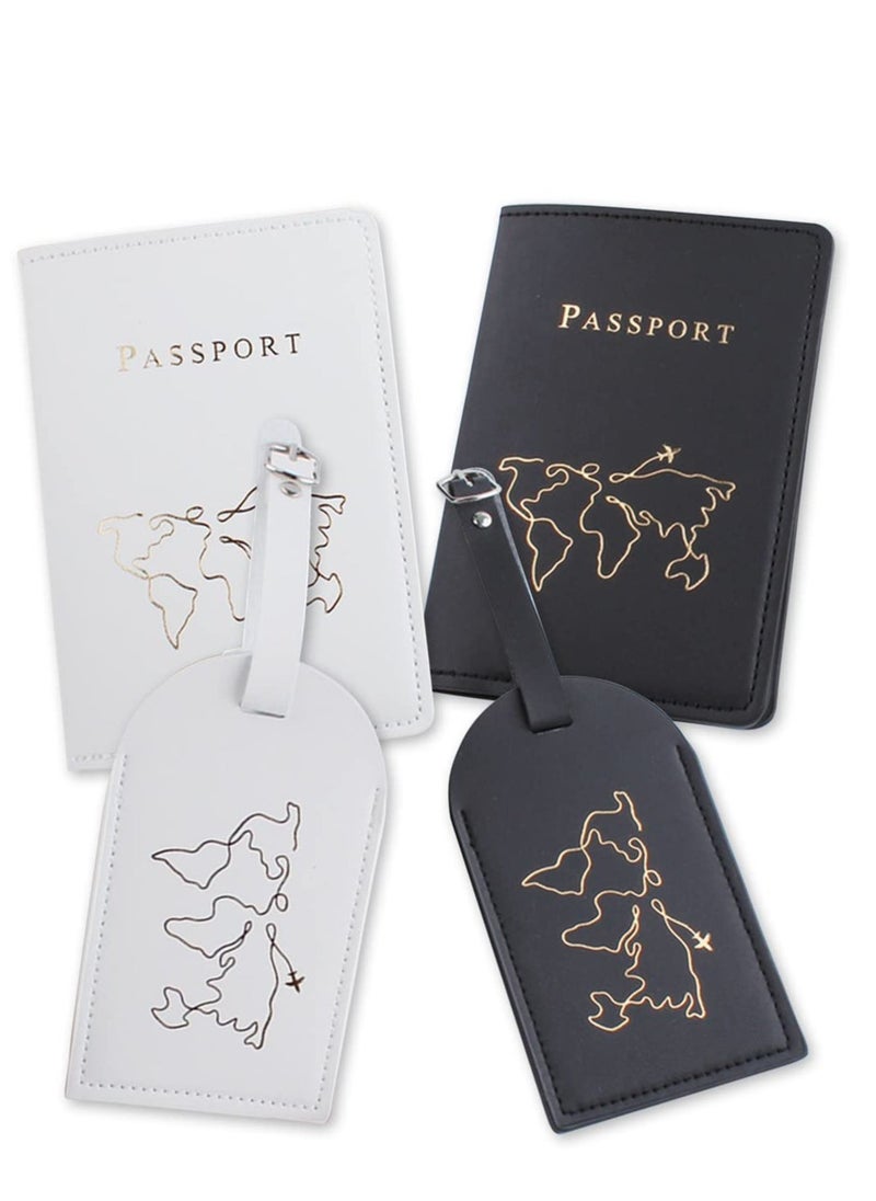 2 Pieces Passport Holder and 2 Pieces Luggage Tag Set,passport Holder Travel Suitcase Organizer Label Map PU Leather Id Bag Luggage Tag Set for Storing Passport Business Card Credit Card Boarding Pass