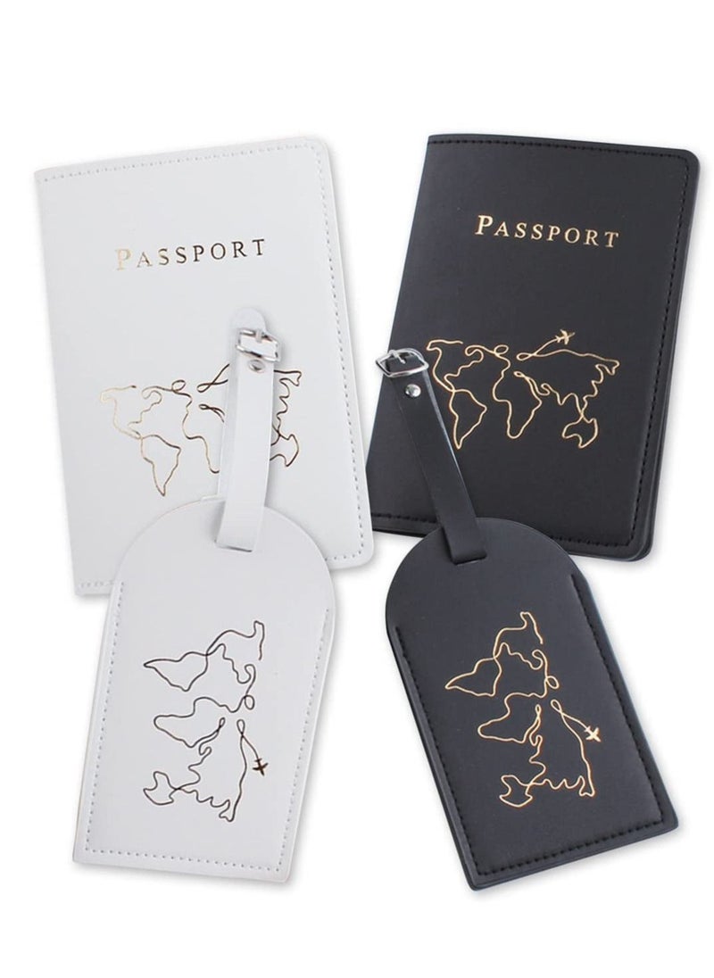 2 Pieces Passport Holder and 2 Pieces Luggage Tag Set,passport Holder Travel Suitcase Organizer Label Map PU Leather Id Bag Luggage Tag Set for Storing Passport Business Card Credit Card Boarding Pass