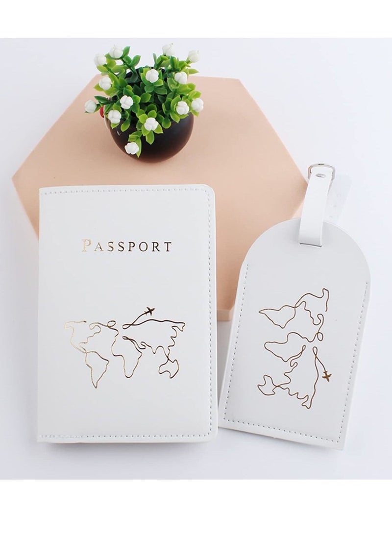 2 Pieces Passport Holder and 2 Pieces Luggage Tag Set,passport Holder Travel Suitcase Organizer Label Map PU Leather Id Bag Luggage Tag Set for Storing Passport Business Card Credit Card Boarding Pass